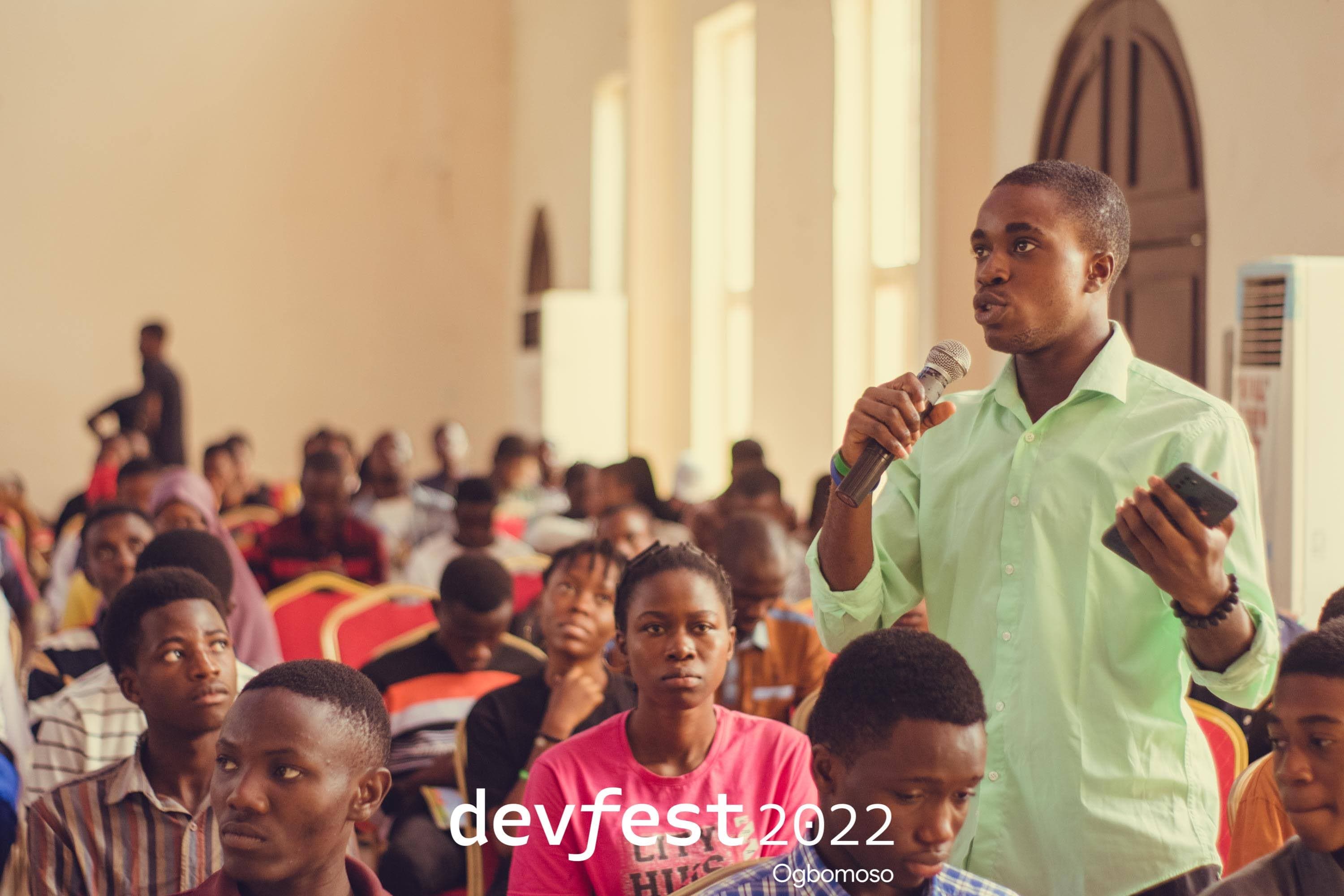 An attendee speaking from the audience at DevFest Ogbomoso 2022