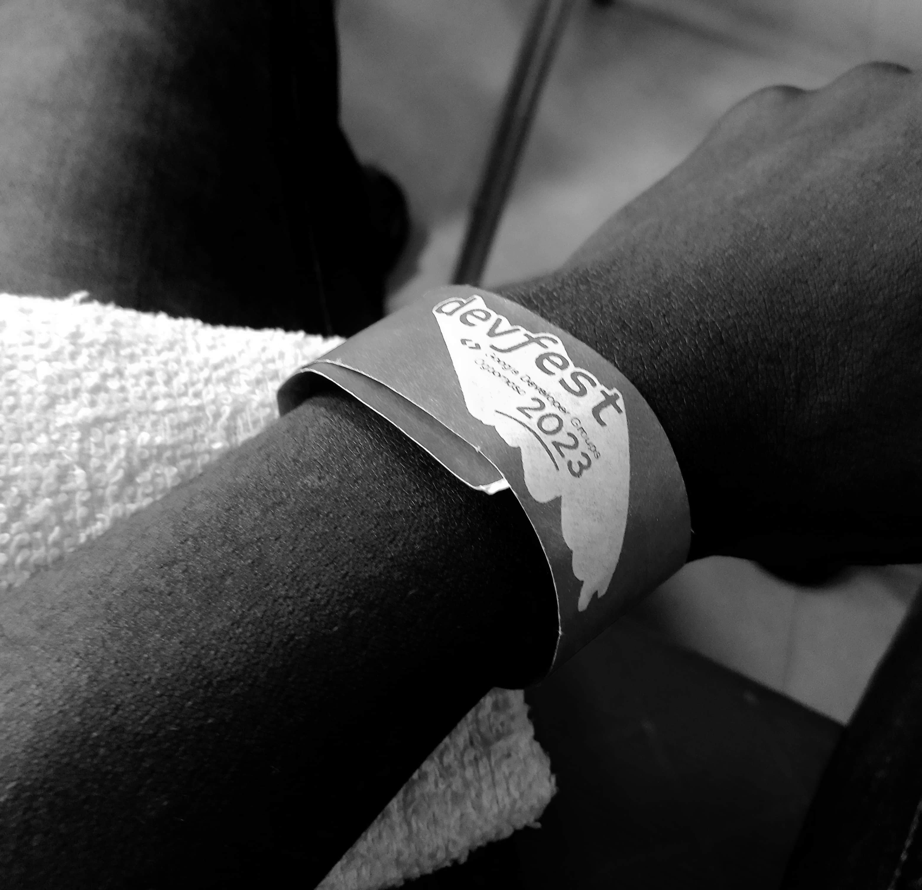 A close-up of a DevFest wristband at DevFest Ogbomoso 2023