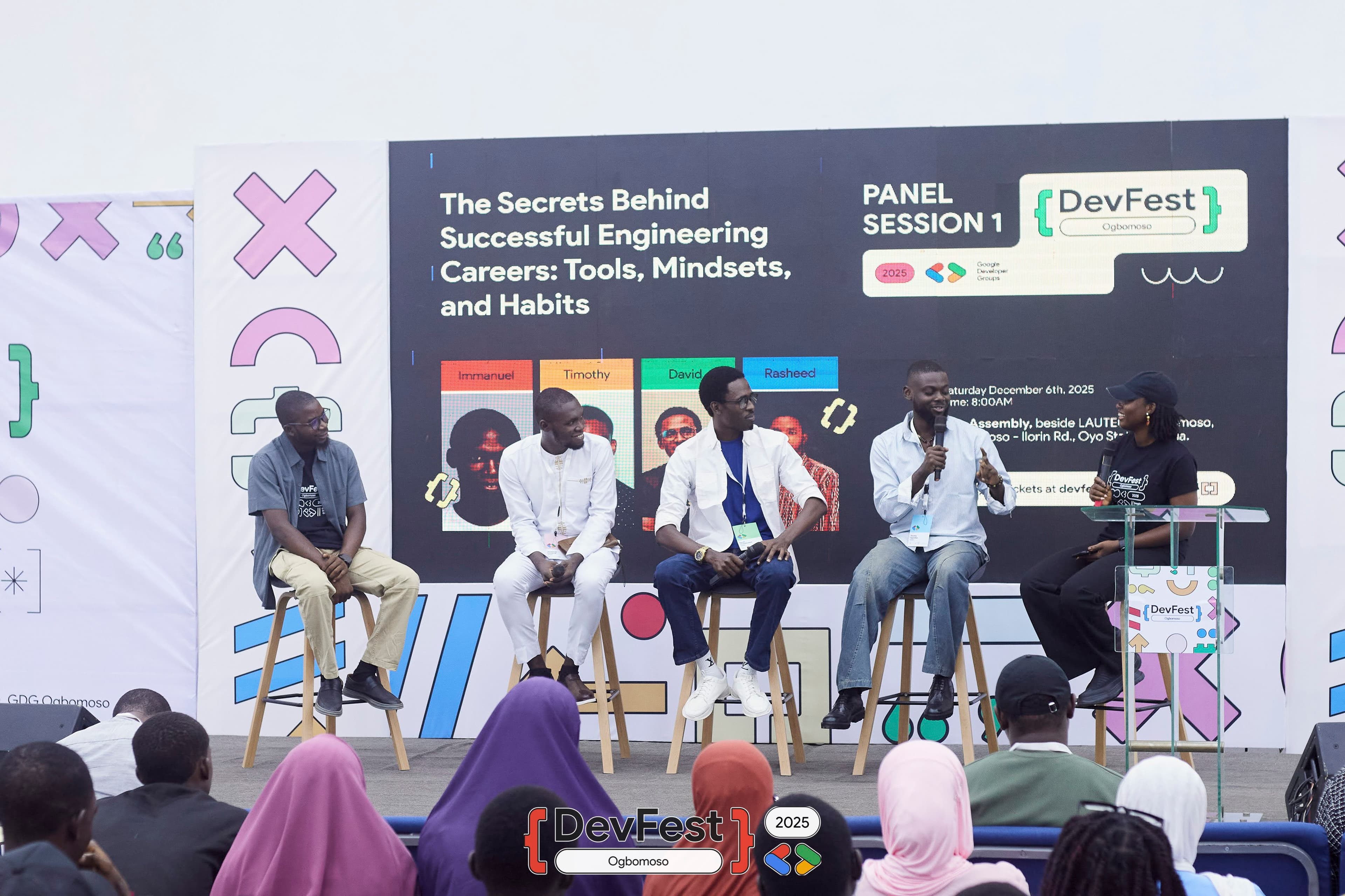A panel discussion in front of the audience at DevFest Ogbomoso 2025